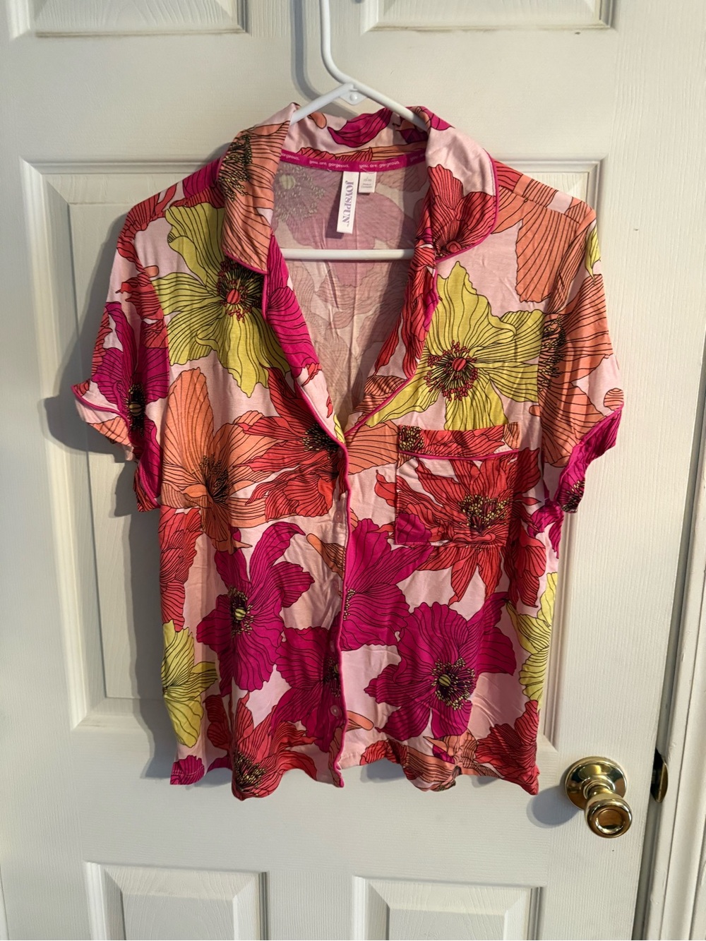 Floral Button-Front Short-Sleeve Pajama set in Pink & Yellow - Lightweigh